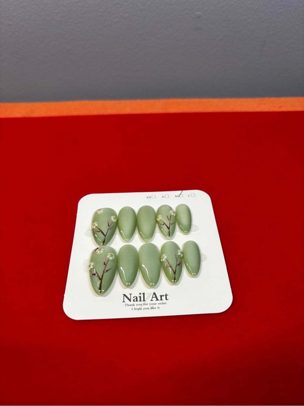 Olive Green Cherry Blossom Press-On Nails
